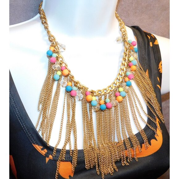 Neon 80s Beaded Gold Tone Chain Fringe Necklace - Picture 1 of 7